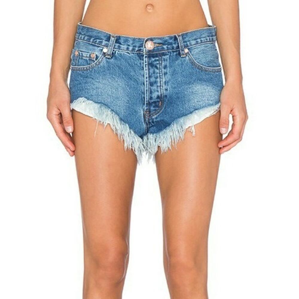 NWT One Teaspoon Sz 26 Rollers Blue Denim Frayed Cut Off Low Rise Jean Shorts